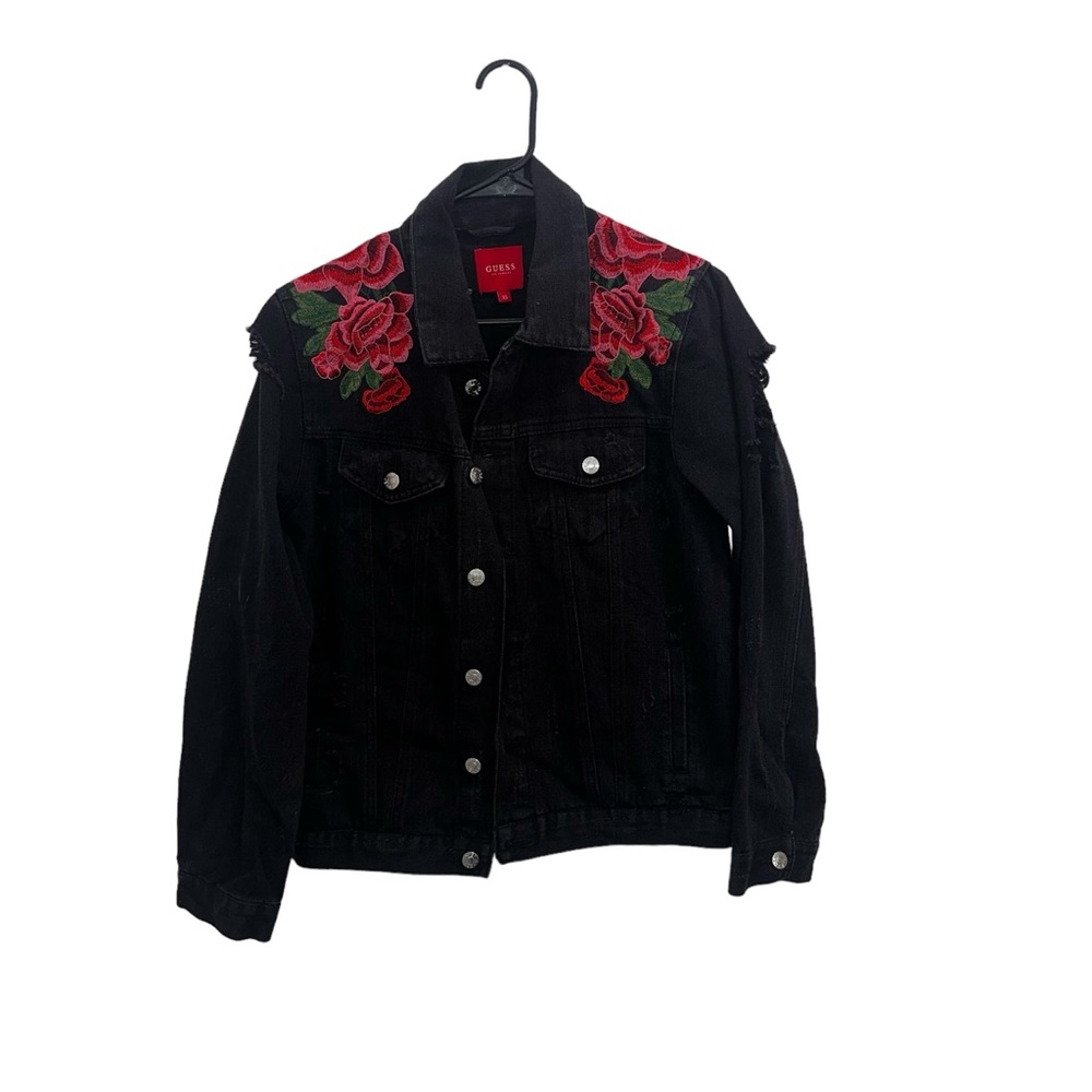 Guess Isabella Rose Distressed Denim Embroidered Jean Denim Jacket.